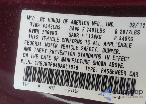 2013 Honda Accord Ex-L V-6 из США, поврежденный, VIN 1HGCR3F84DA001879